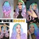 FREEDOM Synthetische Spitzeperücken Lange Natürliche Welle 30 Zoll Omber Blue Rainbow Color Pink Hair Perücken Hitzebeständige Faser Cosplay Perücken