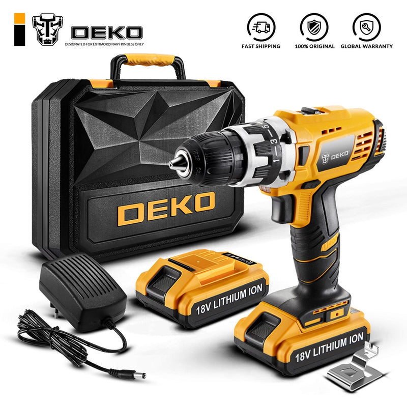 DEKO GCD18DU2 Electric Screwdriver Cordless Drill Wireless Power Driver 18-Volt DC Lithium-Ion Battery 1/2-Inch 2-Speed