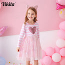 VIKITA Girls Striped Dress Kids Princess Dress for Girl Children Heart Design Dresses Girl School Casual  Wear Children Clothing