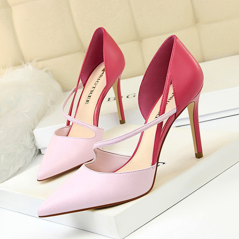 Mode-süße High Heel-Schuhe im koreanischen Stil Damen High Heels Shallow Mouth Pointed Mixed Colors A-Linie mit dünnen Stöckelschuhen