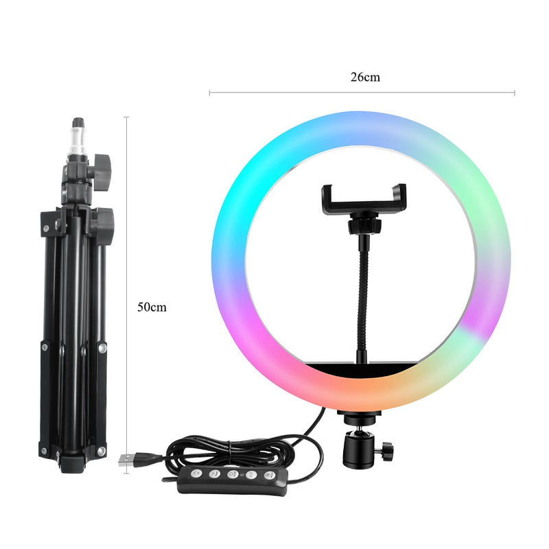 10 inch Ring Light RGB02 26cm 33cm 20cm LED Rainbow Light With Tripod Stand 1.6M Dimmable RGB Set For Short Video YouTube Live