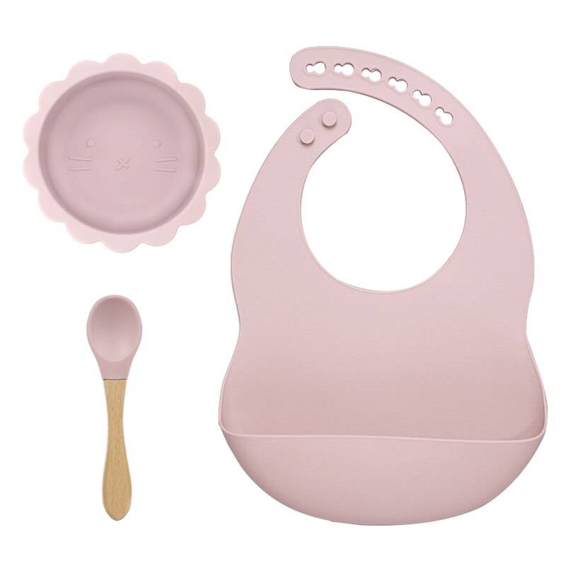 BPA Free Baby Silicone Tableware Waterproof Bib Flexible Saliva Towel Solid Color Sucker Bowl And Spoon For Children