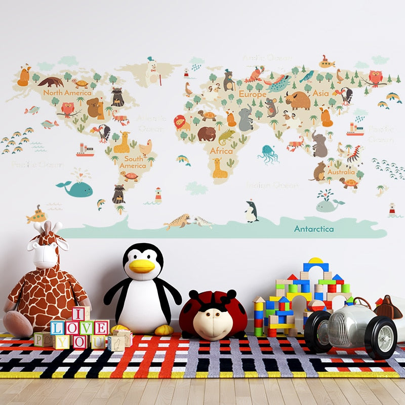 Cartoon Animals Map Wall Stickers for Kids room Bedroom Kindergarten Wall Decor Vinyl PVC Wall Decals Art Murals Home Decoration