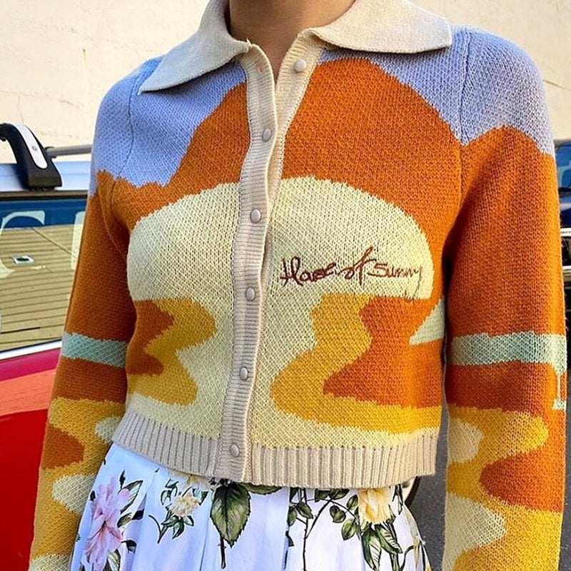 Cárdigan de punto con paisaje para mujer Suéter de manga larga con cuello abotonado e-girl Sunny Day Tripper /