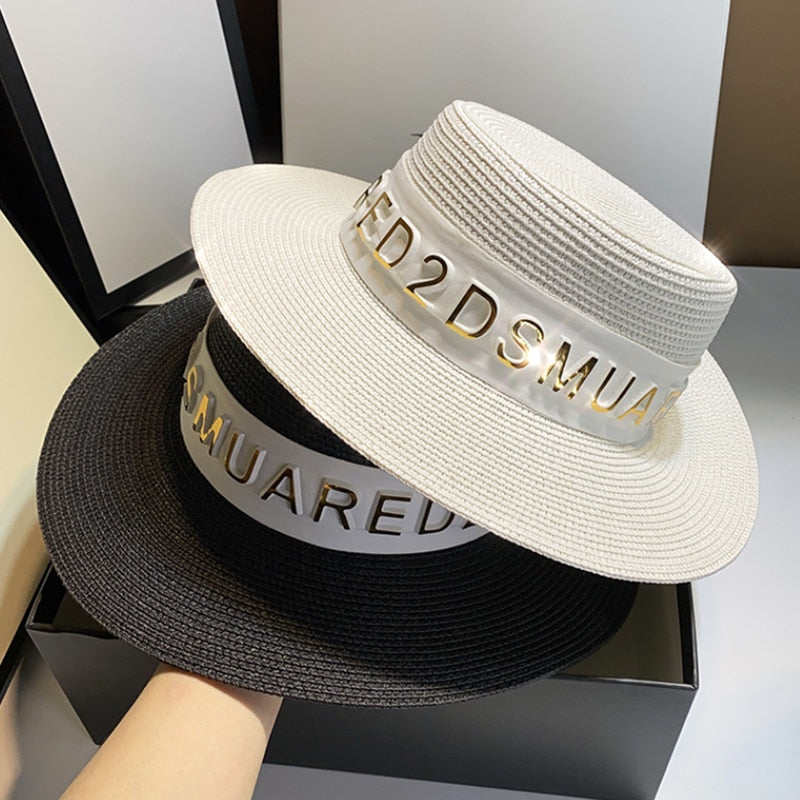 New Summer Sun Hats Women Fashion Girl Straw Hat Ribbon Bow Beach Hat Casual Straw Flat Top Panama Hat Bone Feminino