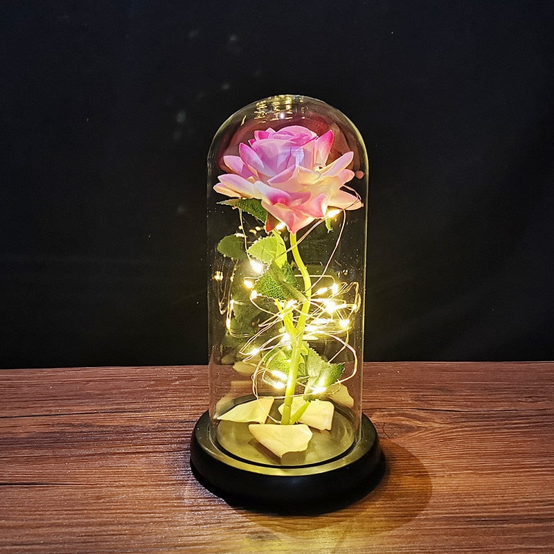 LED Enchanted Galaxy Rose Eternal 24K Gold Foil Flower con cadena de luces en cúpula para decoración del hogar Navidad regalo del Día de San Valentín