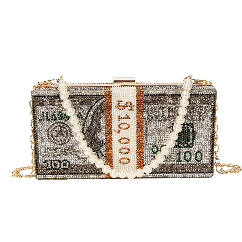 Stack of Cash Women Diamond Money Dinner Purses and Handbags Evening Clutch Bags for Female Chain Luxury Wedding Flaps Totes