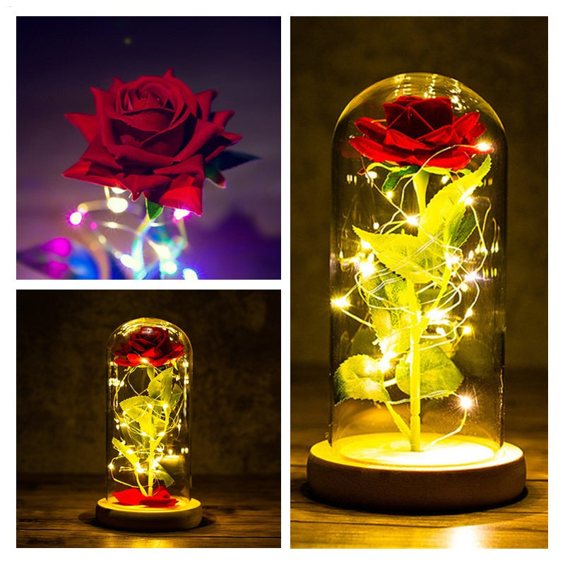 LED Enchanted Galaxy Rose Eternal 24K Gold Foil Flower con cadena de luces en cúpula para decoración del hogar Navidad regalo del Día de San Valentín