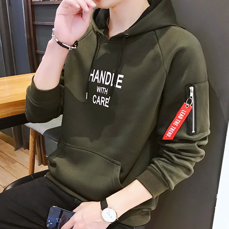 Fashion Men Hoodie Printed HANDLE Korea Hooded Hoodies Male With Side Zipper Pockets Teenage Pullovers Sweatshirts Men Clothing