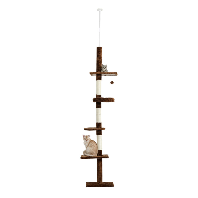 Four Tier Floor-to-Ceiling Cat Tree + Scratching Post Toy- 94.5-102.4 in Modern Cat Climbing Tower with a Scratcher Beige