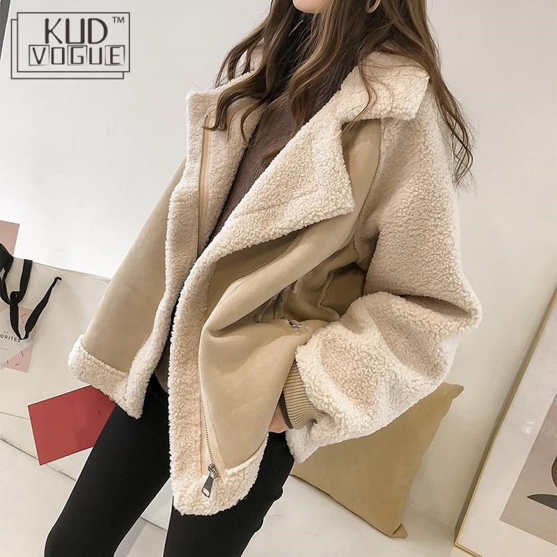 Women Winter Oversized Teddy Jacket Chic Faux Suede Fur Collar Coats Aviator Motorcycle Biker Jackets Female Lamb Wool Coat New