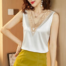 2022 Summer Fashion Silk Womens Blouses Satin Tops Woman Shirts Embroidery Sleeveless Ladies Top V-neck Lace OL Women Clothing