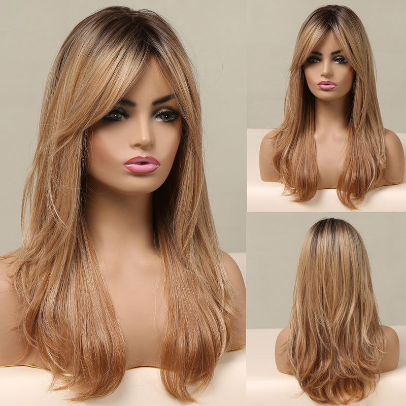 ALAN EATON Long Ombre Black Brown Blonde Wigs with Bangs Heat Resistant Synthetic Wave Wigs for Women African American Cosplay