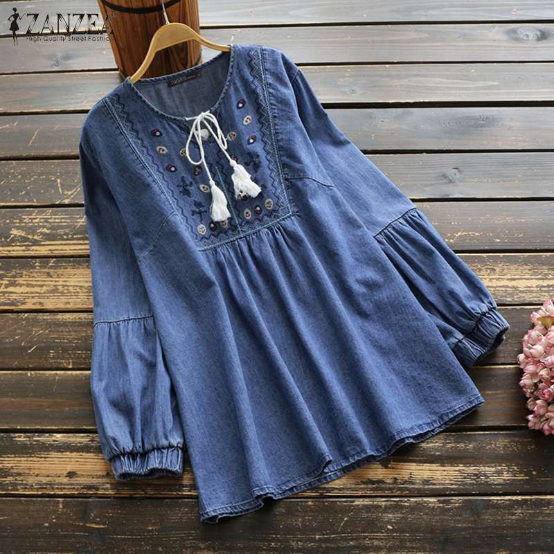 Elegante Denim Blue Shirts Damen Stickerei Bluse 2022 ZANZEA Quaste mit Puffärmeln Blusas Damen Casual Floral Tops