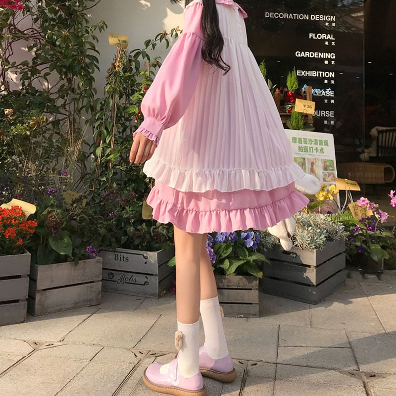 Süßes süßes Kawaii Mädchen Lolita Kleid Prinzessin Maid Vintage Rüschen Kleider Puffärmel Rot Schwarz Rosa Damen Kleid Runder Kragen