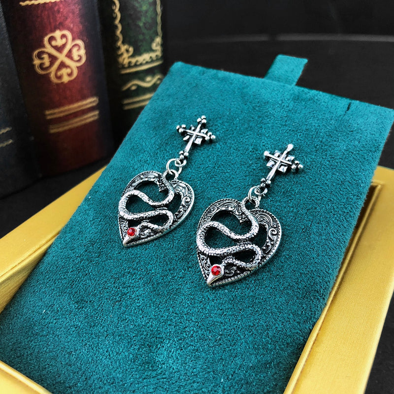 Style Dark Punk Gothic Vintage Ancient Silver Color Cross Hollow Heart-Shaped Snake Ear Stud Dangle Earrings