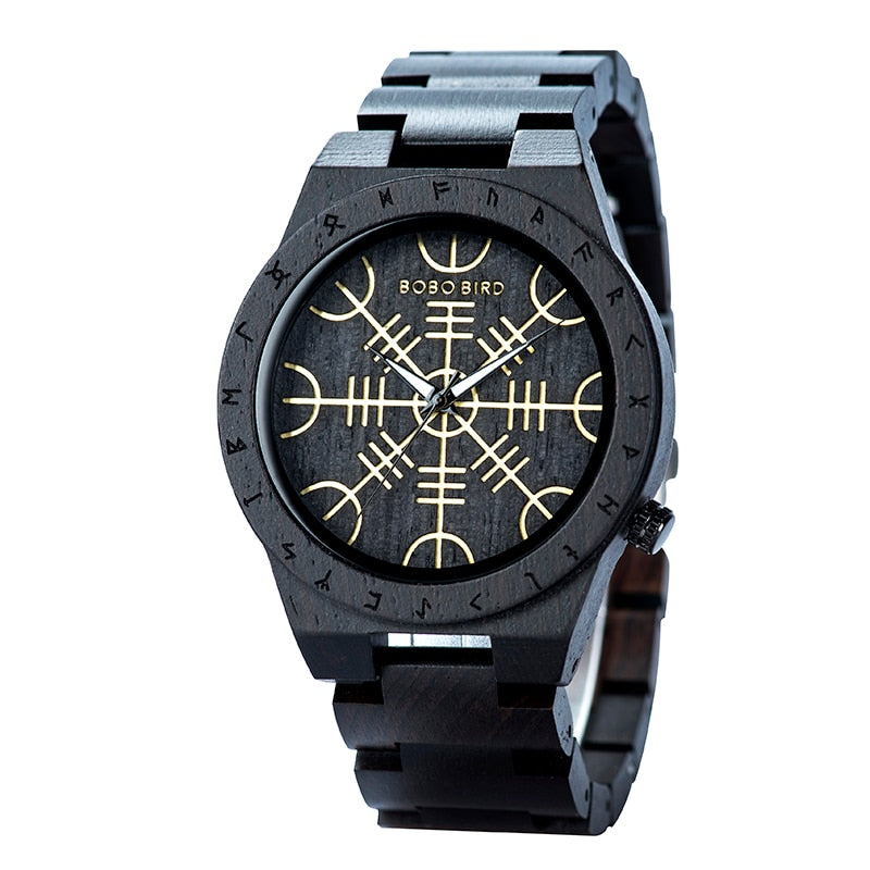 Reloj de madera BOBOBIRD con Helm of Awe Aegishjalmr o Vegvisir y brújula rúnica reloj personalizado часы мужские