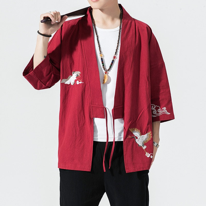 Kimono Cardigan Men Japanese Kimono Traditional Beach Thin Crane Embroidery Asian Clothes Yukata Male Samurai Casual Shirt Kimon