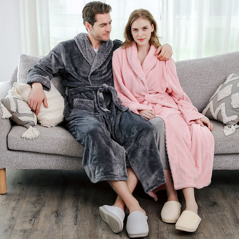 Men Winter Plus Size Long Coral Fleece Bathrobe Kimono Warm Flannel Bath Robe Men Cozy Robes Night Sleepwear Women Dressing Gown