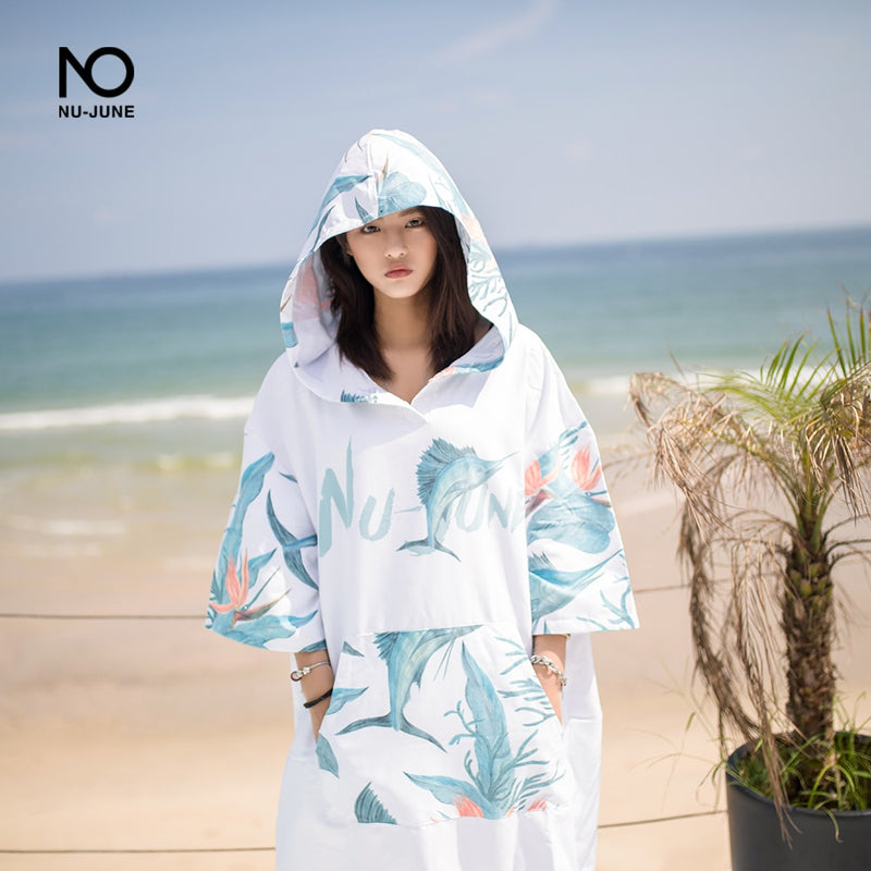 Nu-June Microfiber Printing Changing Robe Bath Towel Outdoor Hooded Beach Towel Poncho Women Man Swimming Diving Bathrobe Cloak