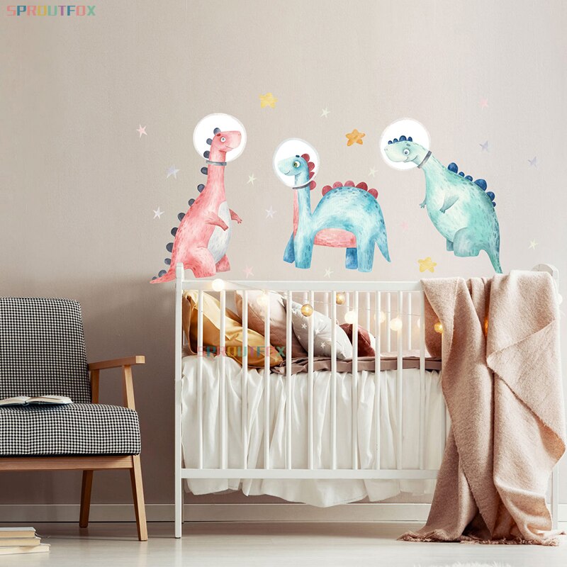 Cartoon Animals Dinosaur Astronaut Wall Sticker for Baby Kids Room Star Decals Bedroom Background Wallpaper Home Decoration