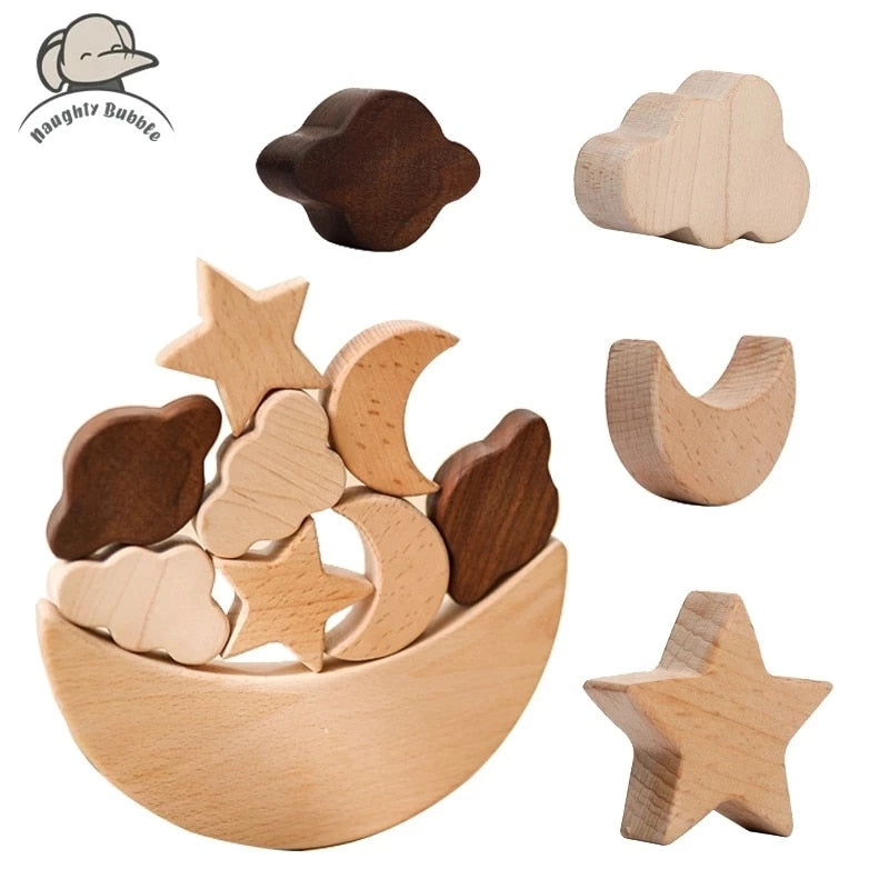 Montessori Wooden Toys for Baby Stars Moon Balance Blocks Board Games Educational Toys Children Stacking High Blocks Constructor