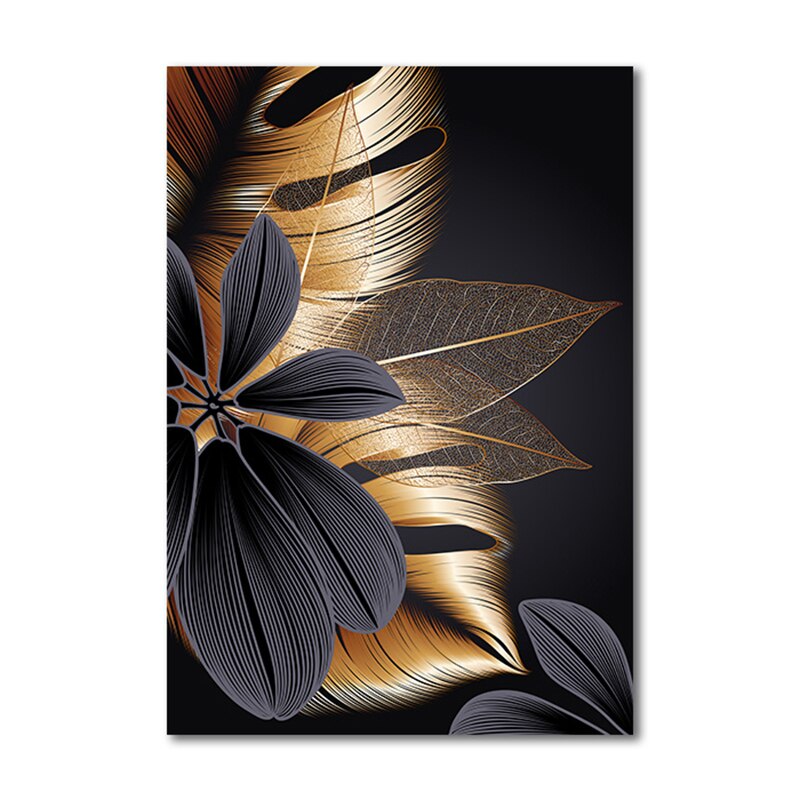Lienzo de lujo negro y dorado, póster de flores de plantas abstractas, dibujo de líneas HD, decoración estética para habitación, pintura de arte moderno Pop
