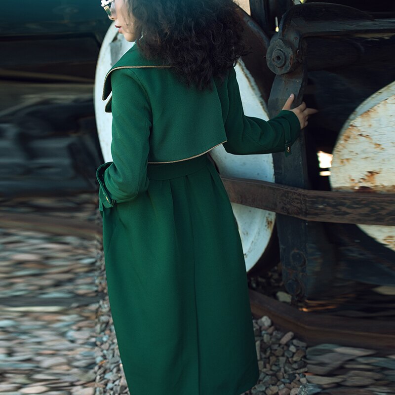 JAZZEVAR 2021 nueva gabardina larga de calle de alta moda para mujer abrigos verdes elegantes para mujer prendas de vestir exteriores con cuello vuelto socialite