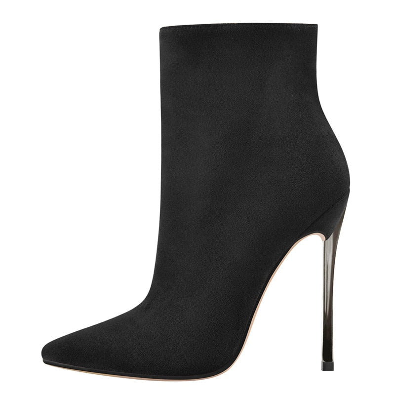 Onlymaker Ankel Boots Women's Poited Toe Metal Thin High Heel Side Zipper Fashion Black Red Winter Warm Booties