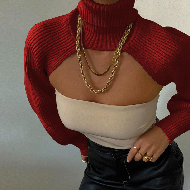 Cryptographic Fall Winter 2021 Knitted Turtleneck Women's Crop Tops Sweaters Lantern Sleeve Pullover Females Shawl Sweaters
