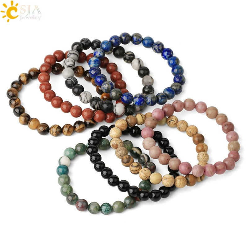 CSJA 8mm Natural Stones Strand Bracelets Single Color Round Beaded Healing Elastic Bracelet for Women Simple Trendy Jewelry G432