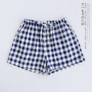 Couple pajamas summer cotton gauze shorts Japanese style simple elastic waist casual large size lattice men and women home pants