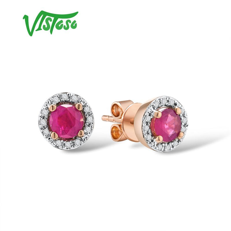 VISTOSO Gold Earrings For Women Genuine 14K 585 Yellow Rose Gold Round 4mm Emerald Blue Sapphire Ruby Stud Earrings Fine Jewelry