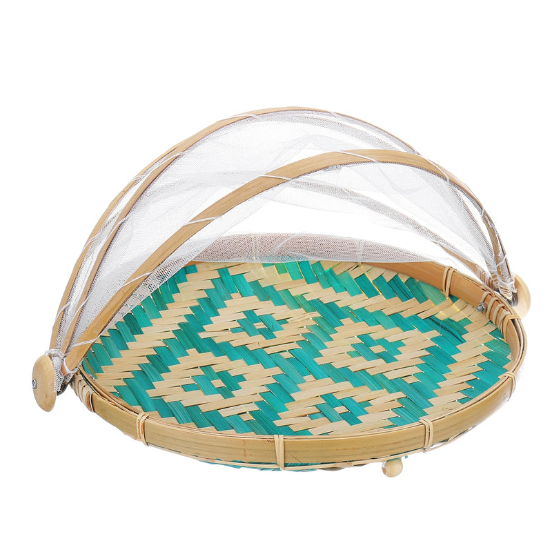 Hand-Woven Food Serving Tent Basket Tray Fruit Vegetable Bread Storage Basket Simple Rattan Outdoor Picnic Mesh Net Cover