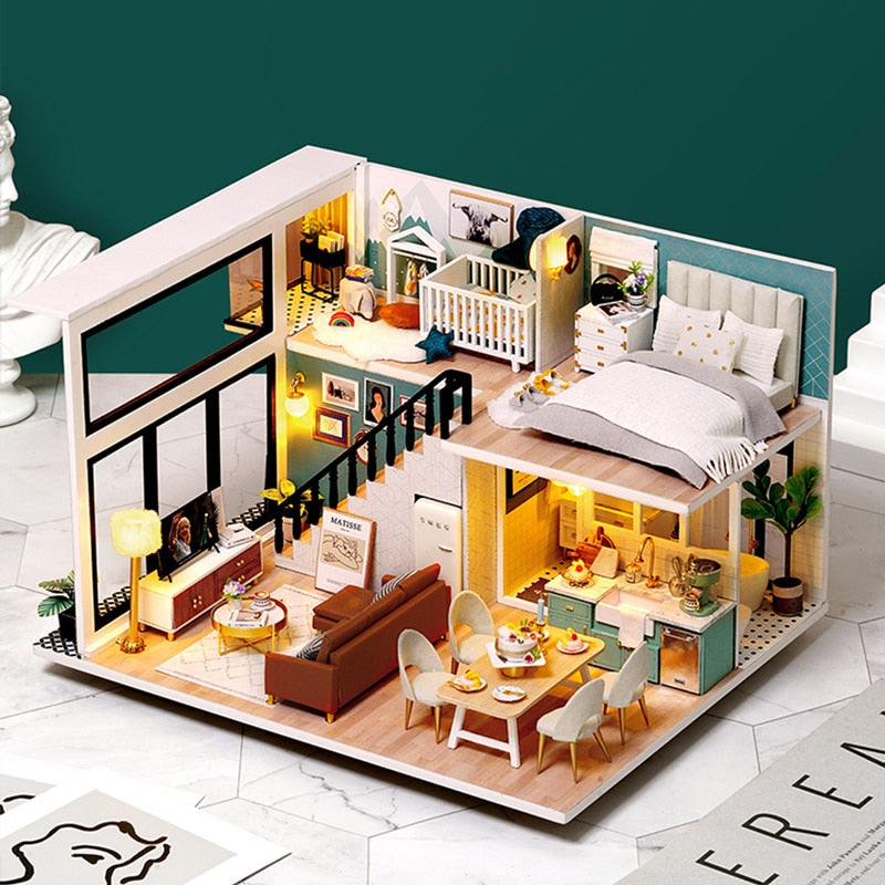 CUTEBEE Dollhouse Kit with Furniture Led Lights Diy Miniature House to Build Tiny Doll House Cozy Time for Children Toy Gift