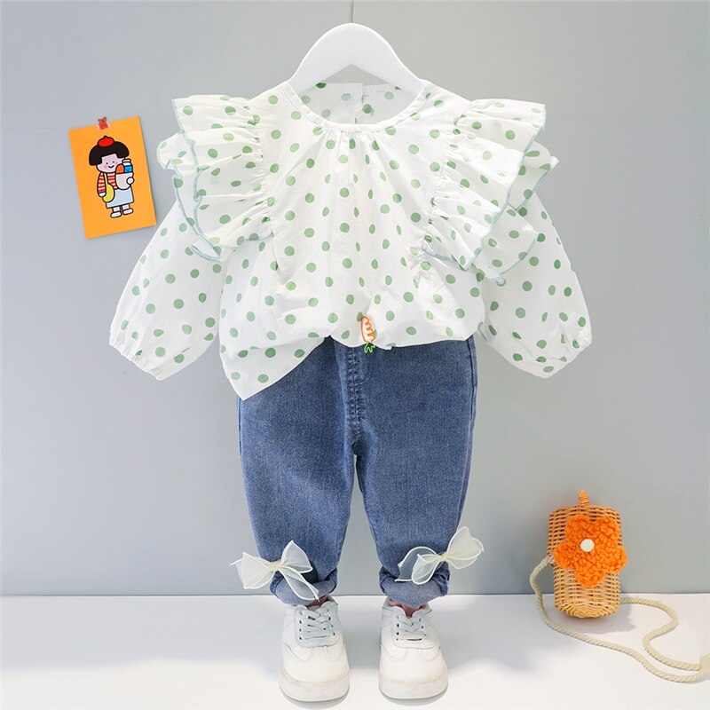 Frühling Herbst Baby Mädchen Kleidung Sets Kinder Prinzessin Kleidung Spitze Polka Dot Tops Schleife-Knoten Jeans Kleinkind Kleinkind Kind Kostüm