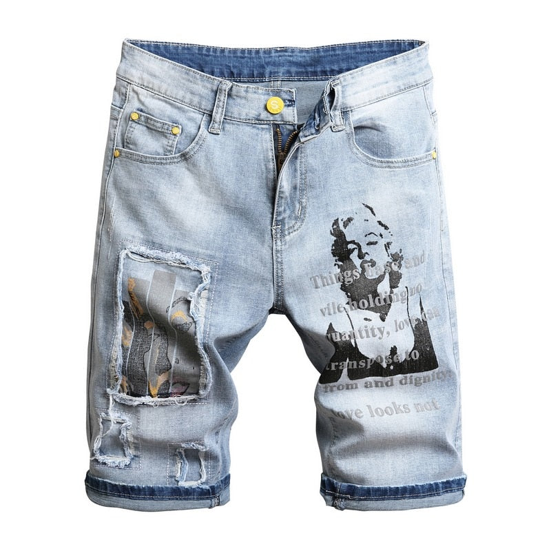 3D character art printed men's light blue comfortable denim shorts 2020 summer new youth must-have fashion slim jeans shorts