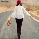 GypsyLady, blusa bordada de seda blanca, conjunto de 2 piezas, blusa transparente de encaje, blusa Sexy de manga larga acampanada para mujer, Top de vacaciones elegante