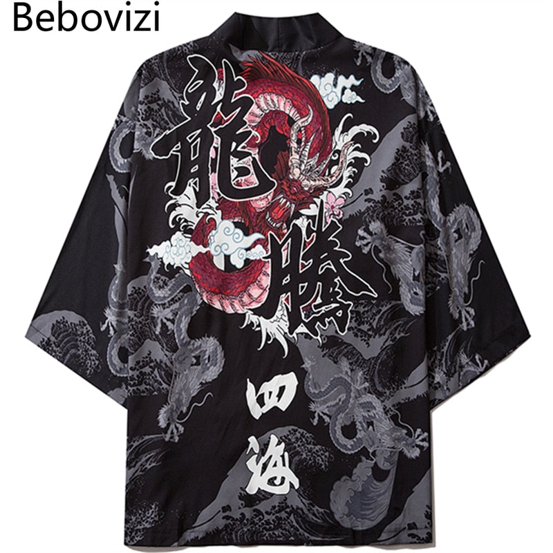 Bebovizi Dragon Print Yukata Men Women Fashion Cardigan Loose Blouse Haori Obi Asian Clothes Harajuku Japanese Cosplay Kimono