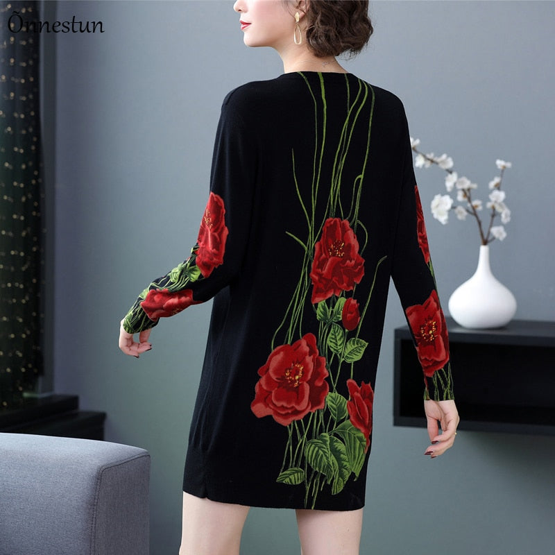 Lange Pullover Kleid Herbst Mode 2022 Langarm Pullover Drucken Blumenstrickwaren Pullover Pullover Frauen