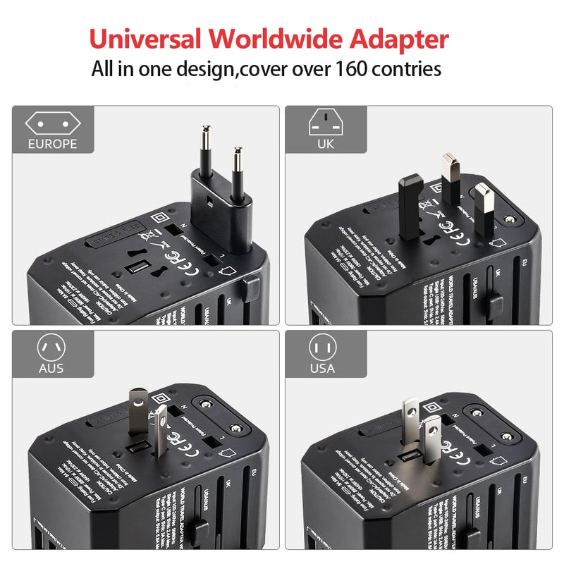 Rdxone Reiseadapter Internationales Universal-Netzteil All-in-One mit 5 USB-Wandladegeräten weltweit für UK/EU/US/Asien