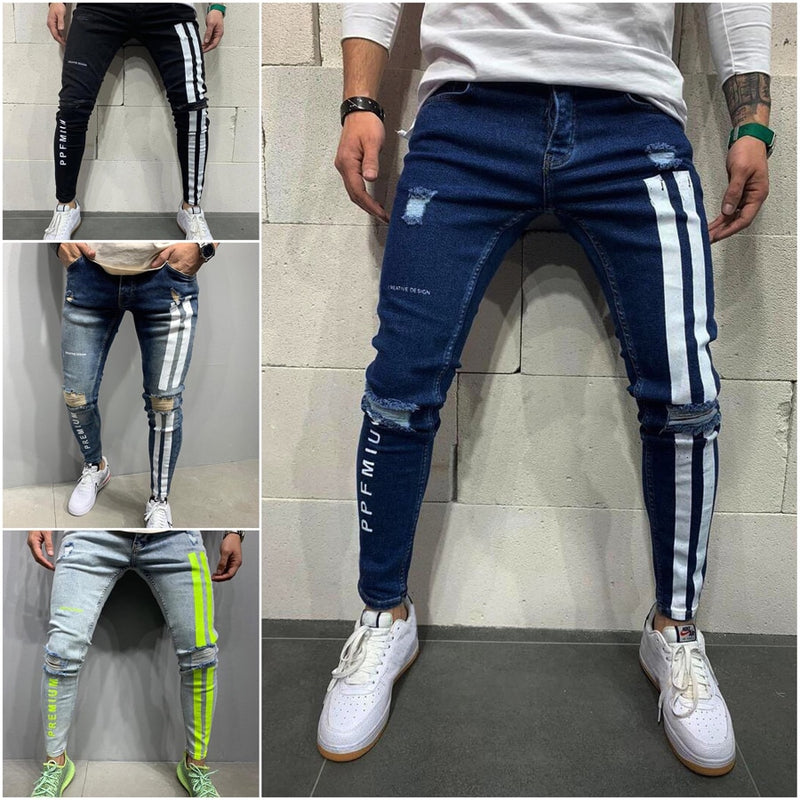 Letter printing Ripped Pencil Jeans Men Skinny Biker Side Striped Jeans Destroyed Hole Hip Hop Slim Fit Jean Men&