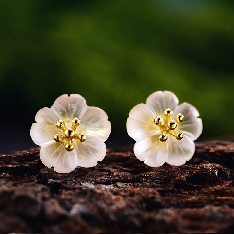 Lotus Fun Real 925 Pendientes de plata esterlina Gemas de cristal natural Joyería fina Flor en la lluvia Pendientes de botón para mujeres Brincos