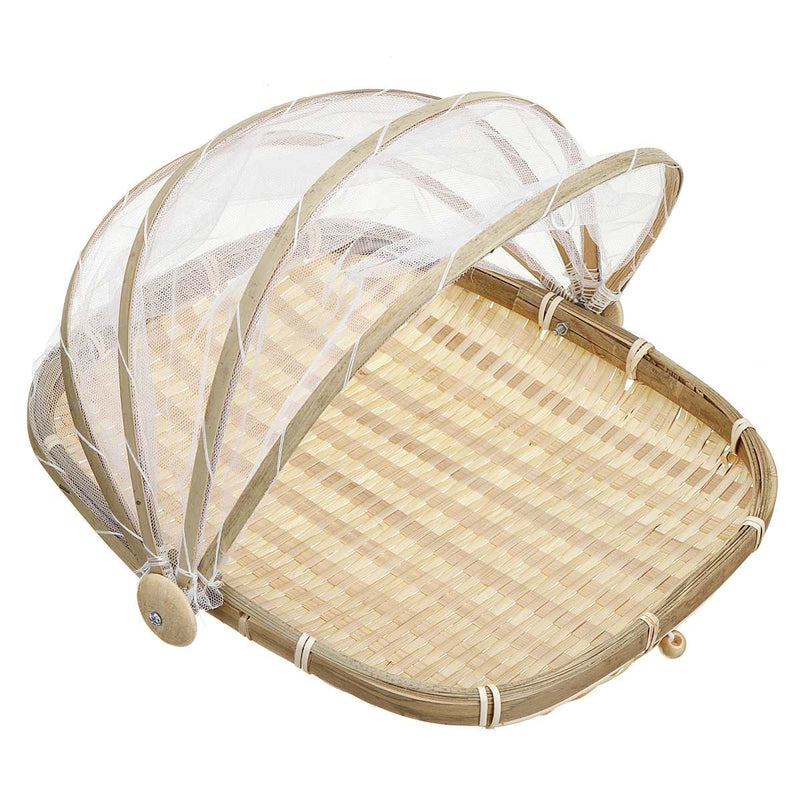 Hand-Woven Food Serving Tent Basket Tray Fruit Vegetable Bread Storage Basket Simple Rattan Outdoor Picnic Mesh Net Cover