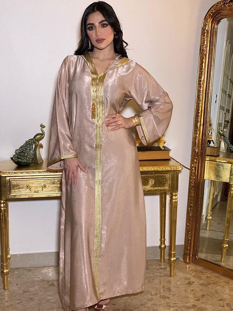 Djellaba Arab Muslim Long Dress Hoodies Dubai Abaya Women Braid Trimmings Moroccan Kaftan Saudi Jalabiya Ramadan Robe Champagne