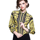 Summer Women Slim Blouses Tops Baroque Print Runway Long Sleeve Shirt Ladies Collar Elegant Vintage Office Shirts Work Wear