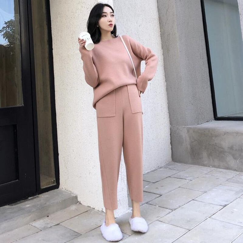 Knitted 2 pieces Set Tracksuits Women 2021 Autumn Winter Thick Warm O-neck Loose Sweater+Ankle-Length Pants Warm Cashmere Suit