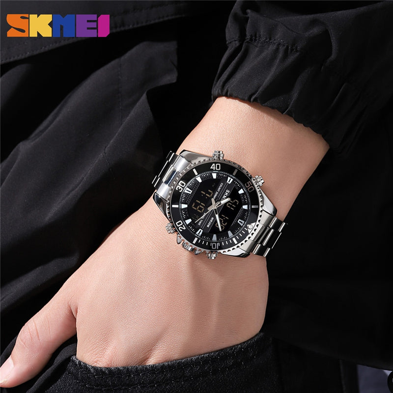 Relojes SKMEI de doble pantalla para hombre, relojes de pulsera digitales a la moda, reloj cronógrafo para hombre, reloj resistente al agua de acero inoxidable, reloj Masculino