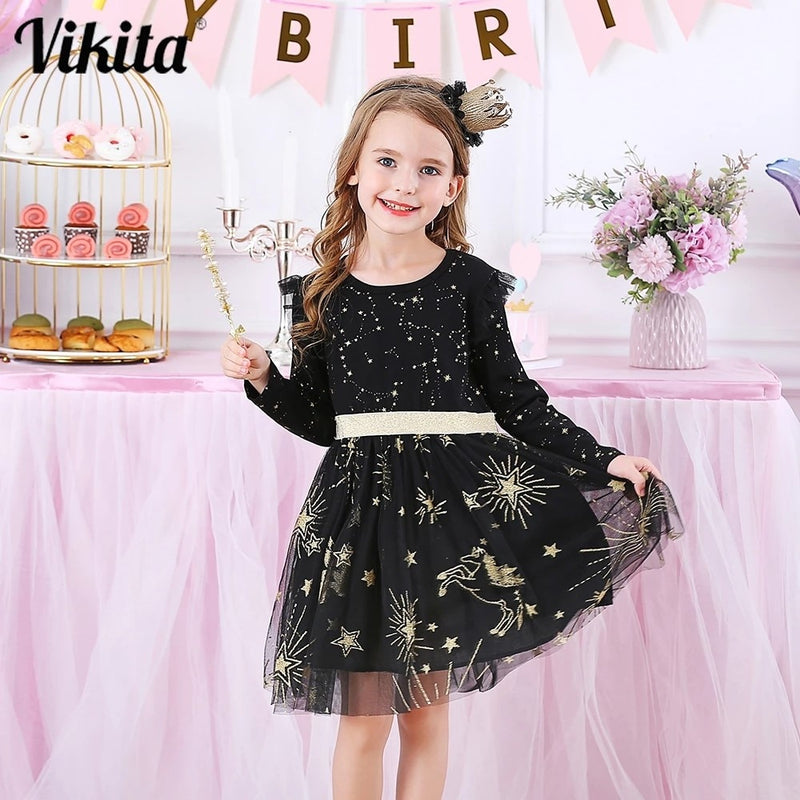 VIKITA, vestido de fiesta para niños, vestidos con lentejuelas para niñas, vestido de estrella para niñas, vestidos casuales para niños pequeños, disfraces de otoño para niños