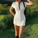 Women Elegant Short Sleeve Skinny Mini Dress Summer Turn-Down Collar Ruched Shirt Dress Green Blue Slim Party Dresses Vestido